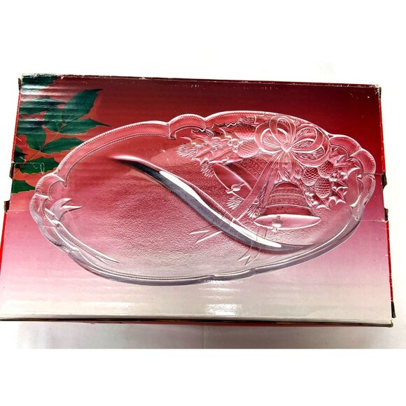 Mikasa Crystal Christmas Holiday Oval Platter With Embossed Holly & Bell Design - Picture 9 of 9